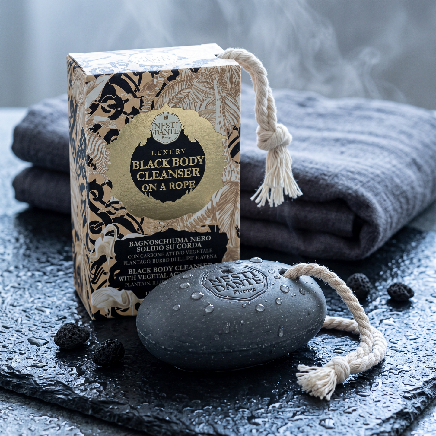 Nesti Dante Luxury Black Body Cleanser Soap in a Rope 150g | Active Carbon Detox Cleanser