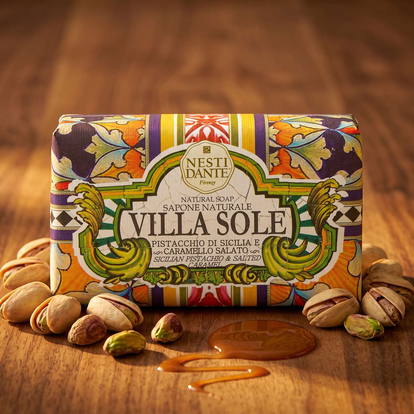 Nesti Dante Villa Sole Sicilian Pistachio & Salted Caramel Natural Soap Bar 250g – From Sicily, Vegetable Base, Handcrafted Italian Luxury Soap, Made in Florence Italy
